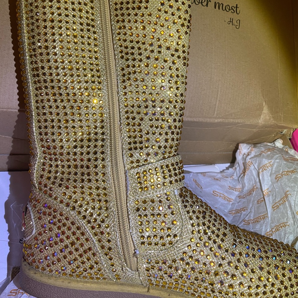 Gold Glitter Rhinestone Boots - Picture 5 of 7